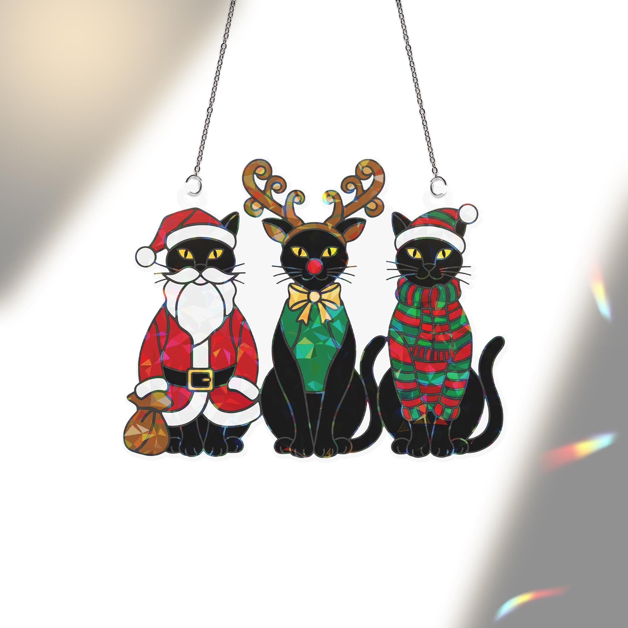 Holographic Christmas Black Cats Window Hanging – Holiday Suncatcher Decor