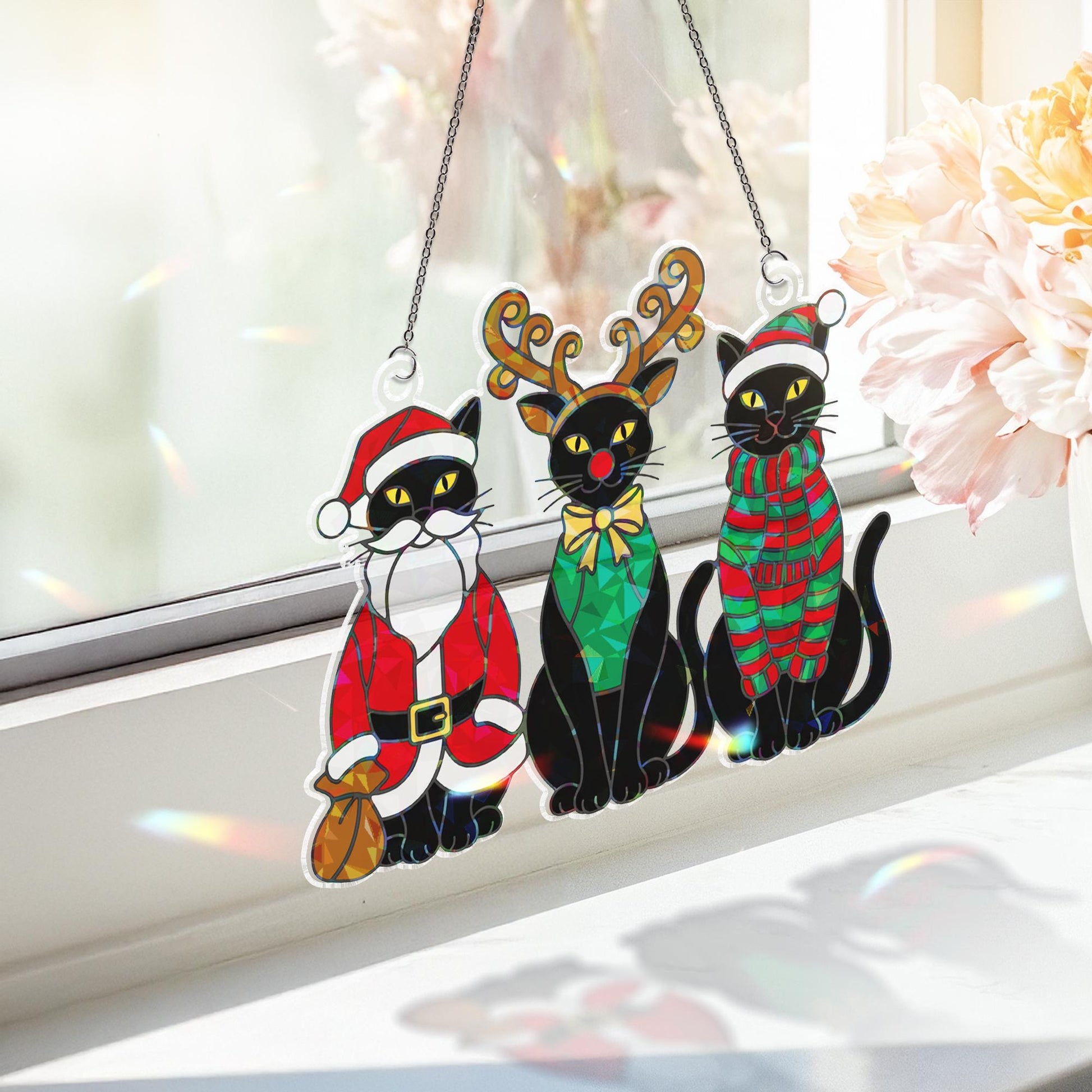 Holographic Christmas Black Cats Window Hanging – Holiday Suncatcher Decor