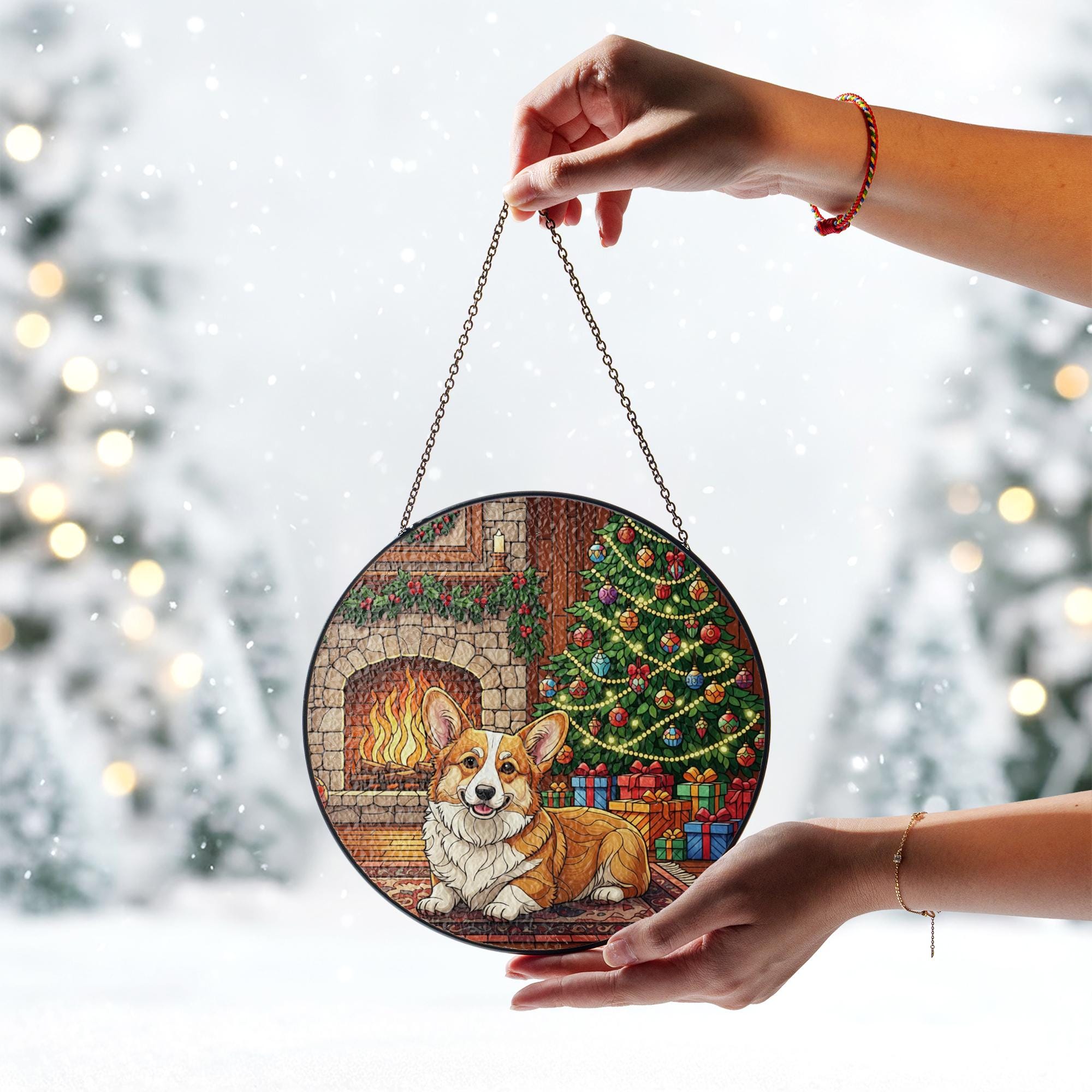 Stained Glass Suncatcher Corgi Dog by Fireplace with Christmas Tree Holiday Ornament