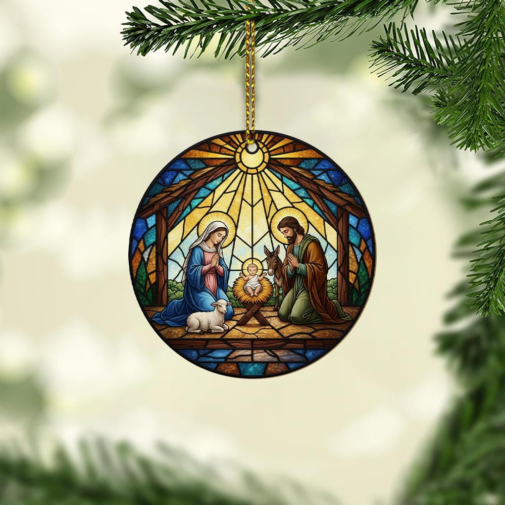 Nativity Scene Faux Stained Glass Ornament, Christmas Tree Decoration, Religious Holiday Decor