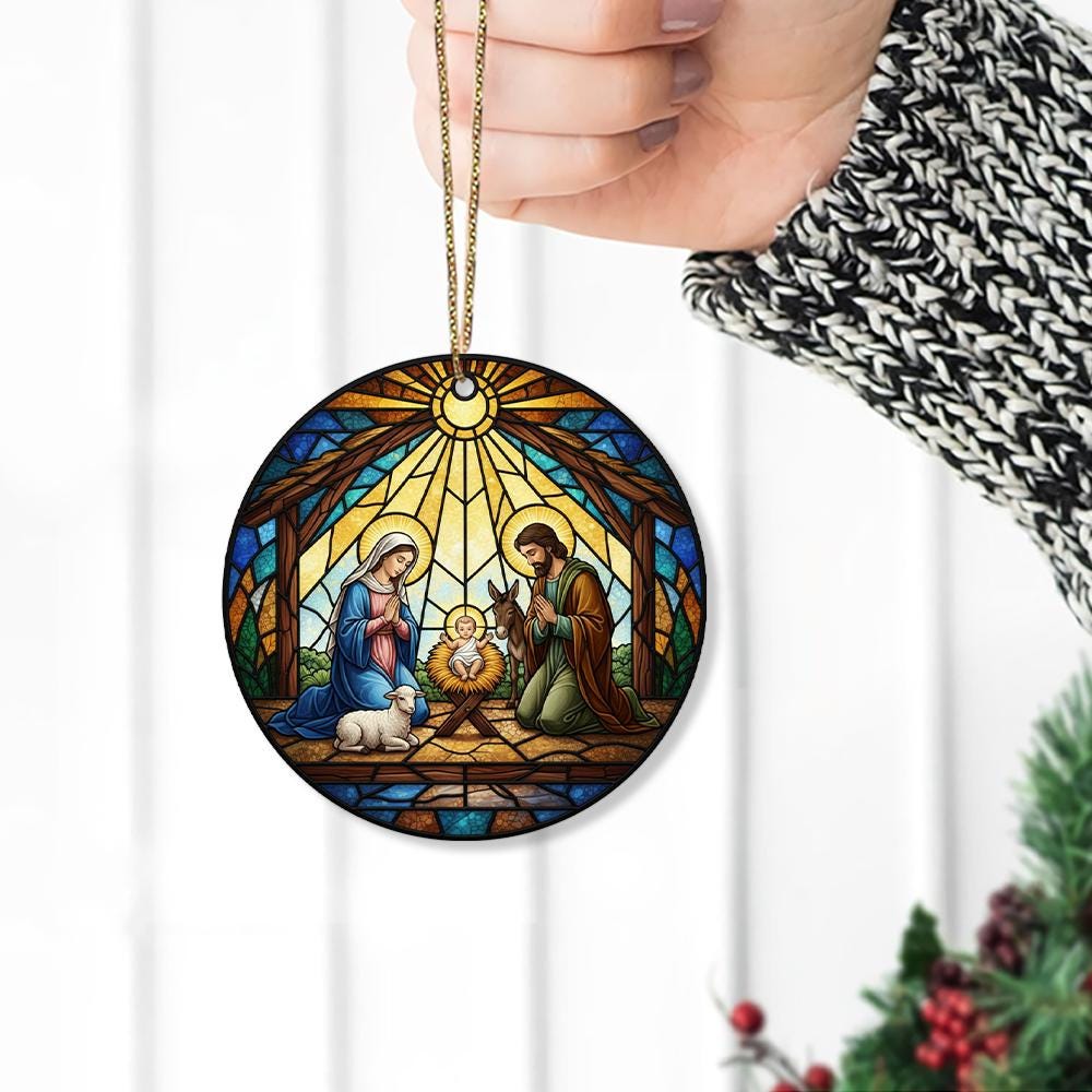 Nativity Scene Faux Stained Glass Ornament, Christmas Tree Decoration, Religious Holiday Decor