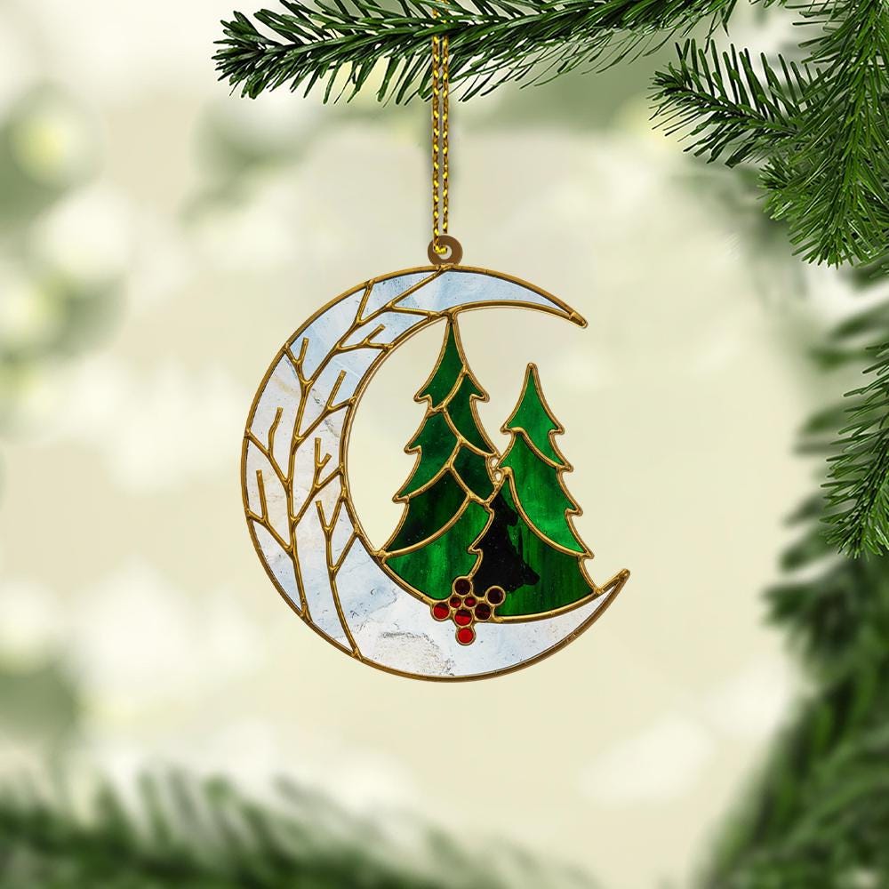 Faux Stained Glass Moon Tree Ornament, Christmas Tree Decoration, Winter Holiday Decor