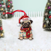 Personalized Pug Ornament, Custom Dog with Christmas Lights and Hat, Holiday Tree Decoration
