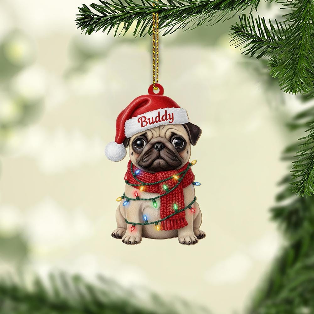 Personalized Pug Ornament, Custom Dog with Christmas Lights and Hat, Holiday Tree Decoration