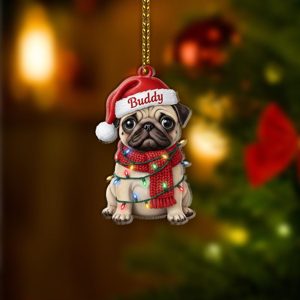 Personalized Pug Ornament, Custom Dog with Christmas Lights and Hat, Holiday Tree Decoration