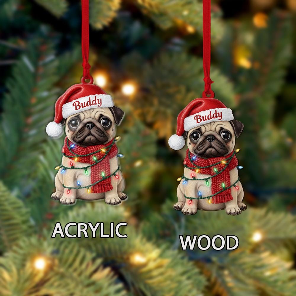 Personalized Pug Ornament, Custom Dog with Christmas Lights and Hat, Holiday Tree Decoration