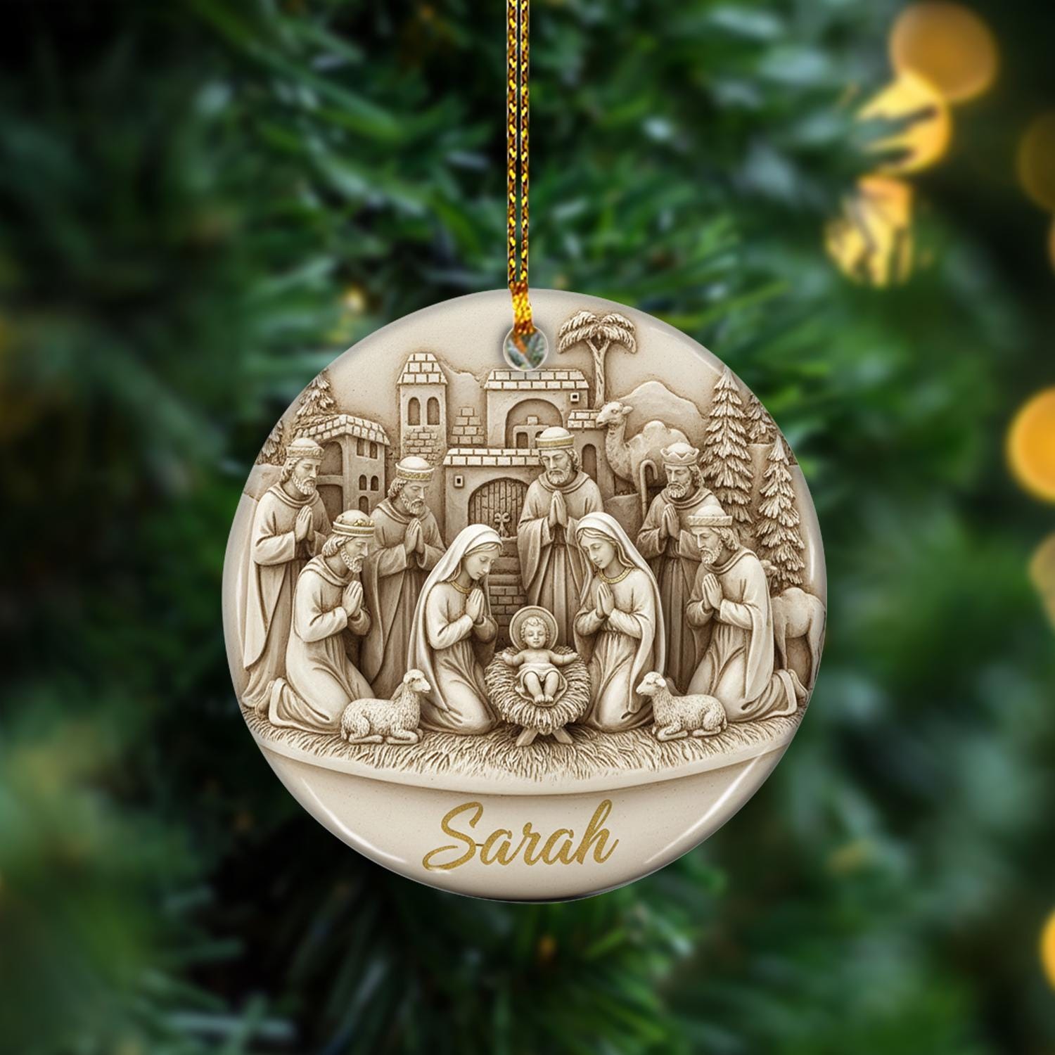 Personalized Nativity Scene Ornament, Custom Holy Family with Shepherds, Christmas Tree Decoration