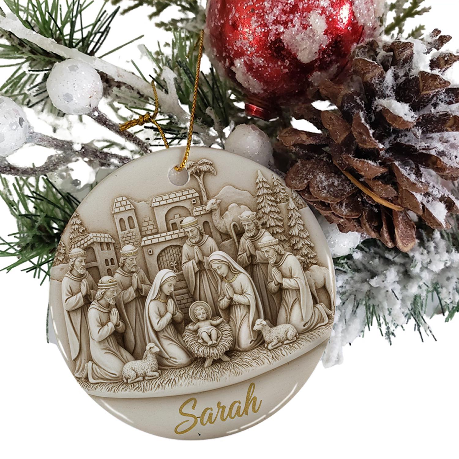 Personalized Nativity Scene Ornament, Custom Holy Family with Shepherds, Christmas Tree Decoration