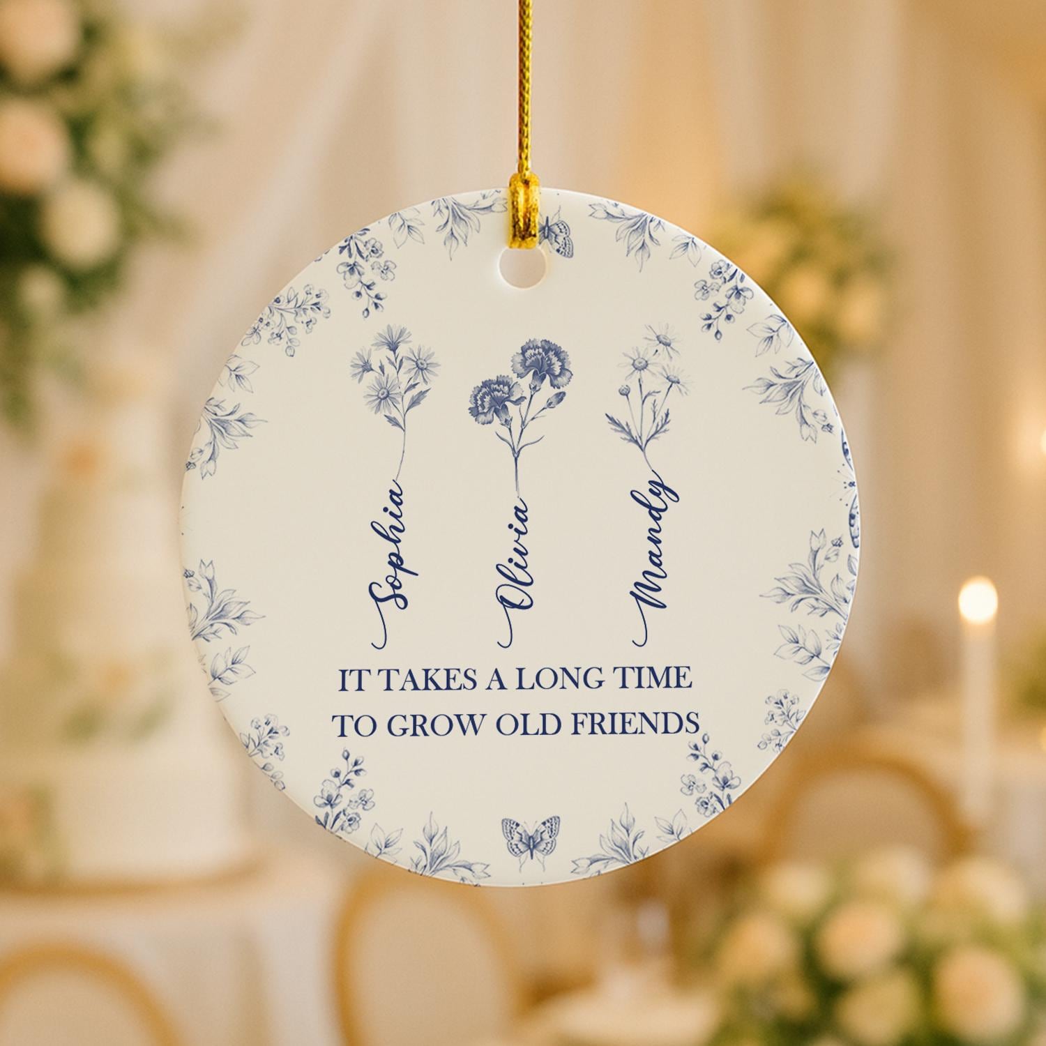 Friendship Gift Ornament – Personalized Ceramic with Floral Design