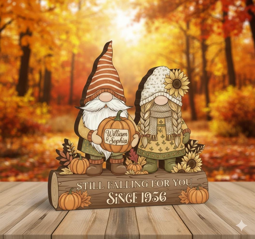 Personalized Fall Gnome Wooden Block – Custom Anniversary Decor Gift