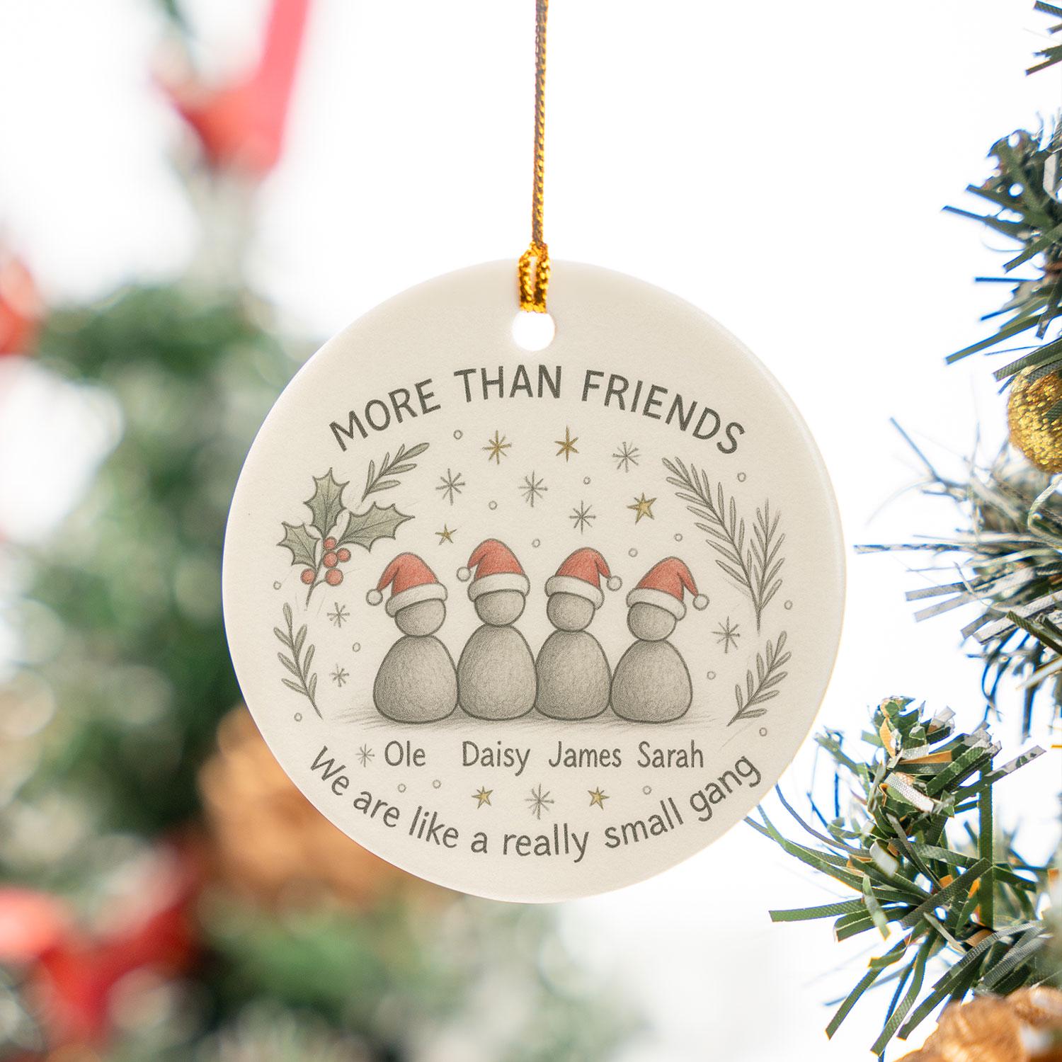 Group Friends Ceramic Ornament • Custom Names • Round Tree Decor • Hand-Drawn Characters • Personalized Keepsake