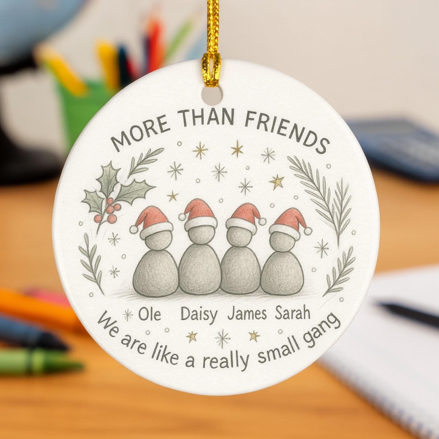 Group Friends Ceramic Ornament • Custom Names • Round Tree Decor • Hand-Drawn Characters • Personalized Keepsake