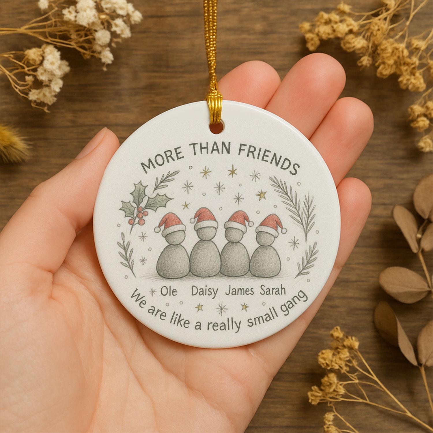Group Friends Ceramic Ornament • Custom Names • Round Tree Decor • Hand-Drawn Characters • Personalized Keepsake