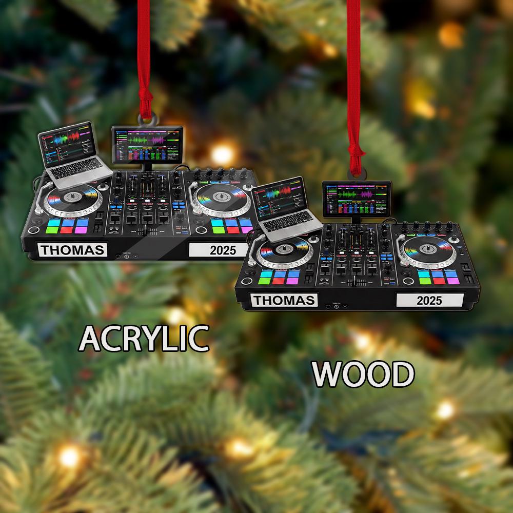 Personalized DJ Mixer Ornament – Custom Name and Year Christmas Decoration with Laptop and Turntables