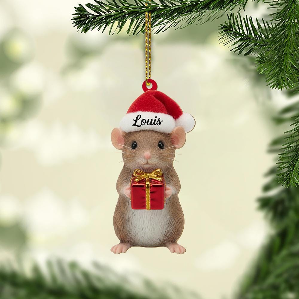 Personalized Mouse Ornament – Custom Name Christmas Decoration with Santa Hat and Gift Box