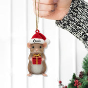 Personalized Mouse Ornament – Custom Name Christmas Decoration with Santa Hat and Gift Box