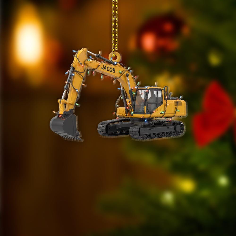 Personalized Excavator Ornament – Custom Name Christmas Decoration with Construction Truck and Lights