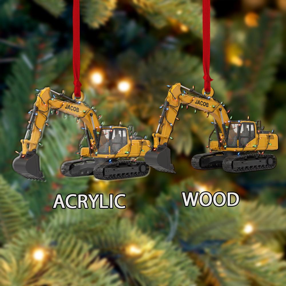 Personalized Excavator Ornament – Custom Name Christmas Decoration with Construction Truck and Lights