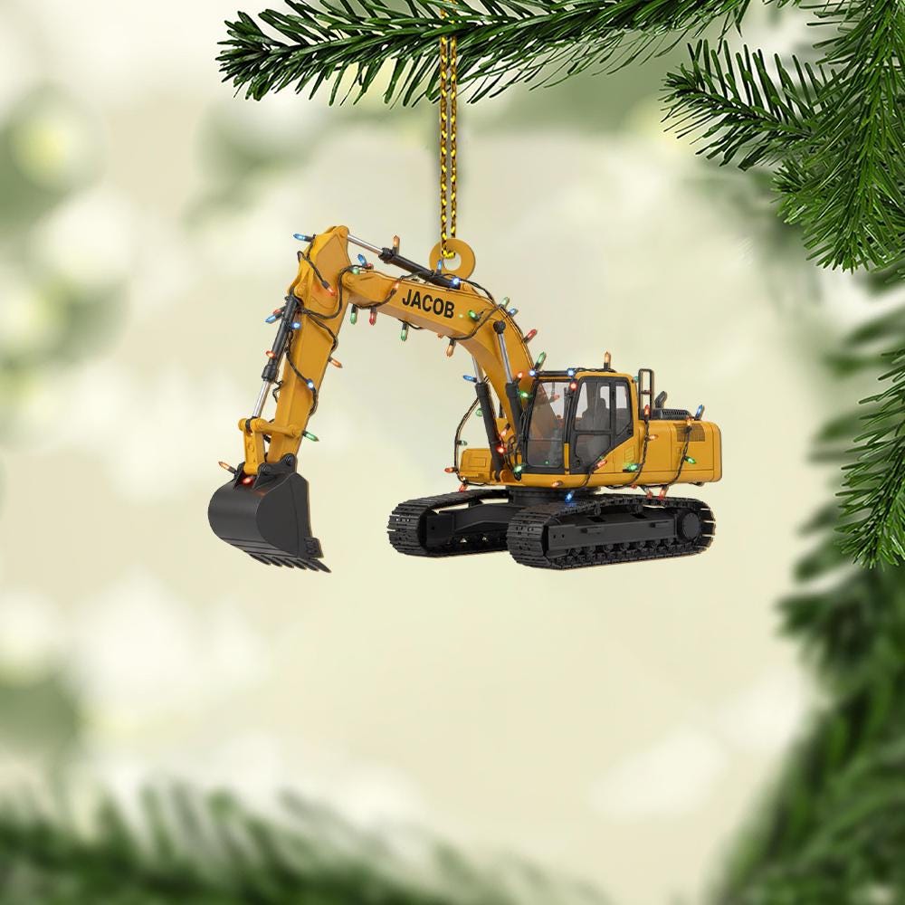 Personalized Excavator Ornament – Custom Name Christmas Decoration with Construction Truck and Lights