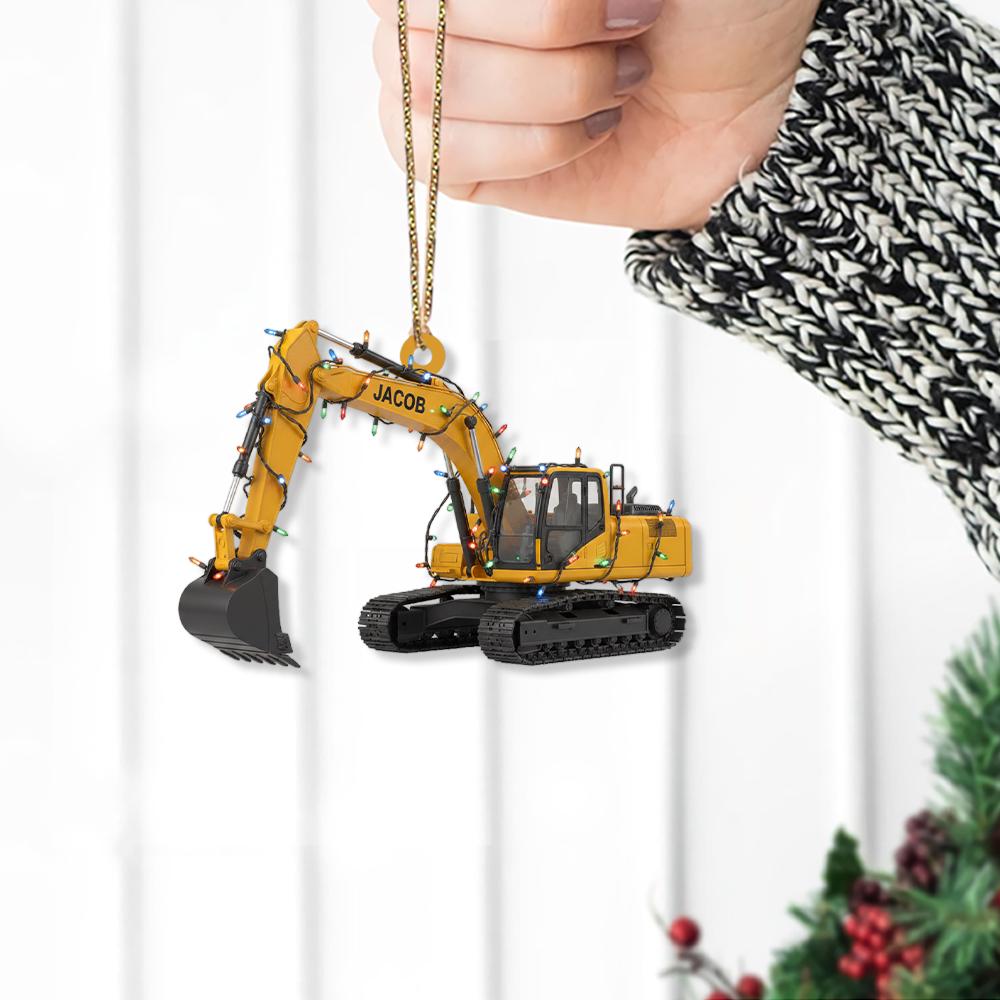 Personalized Excavator Ornament – Custom Name Christmas Decoration with Construction Truck and Lights