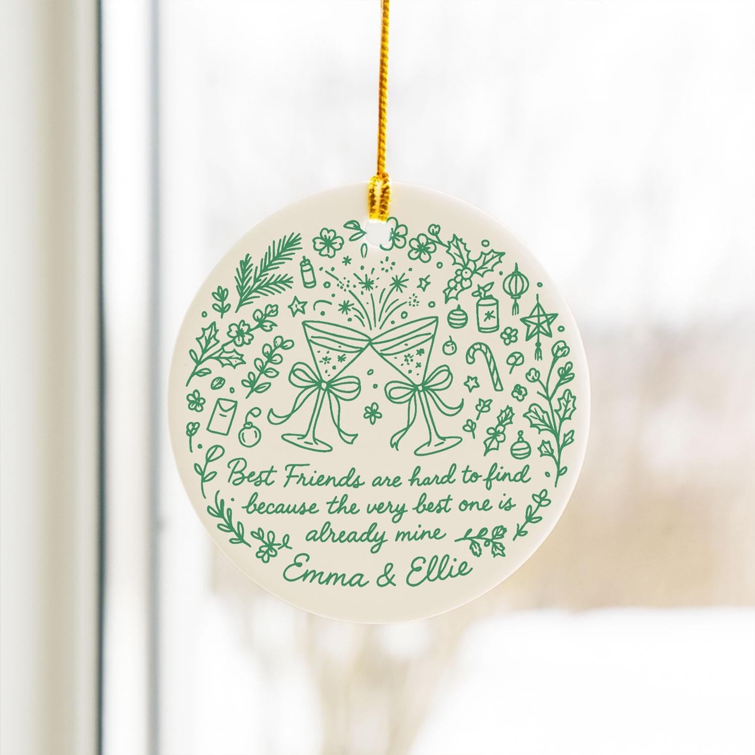 Best Friends Ceramic Ornament • Round Champagne Glasses Design • Custom Names