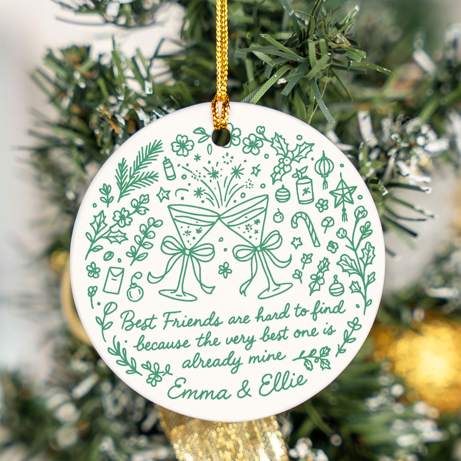 Best Friends Ceramic Ornament • Round Champagne Glasses Design • Custom Names