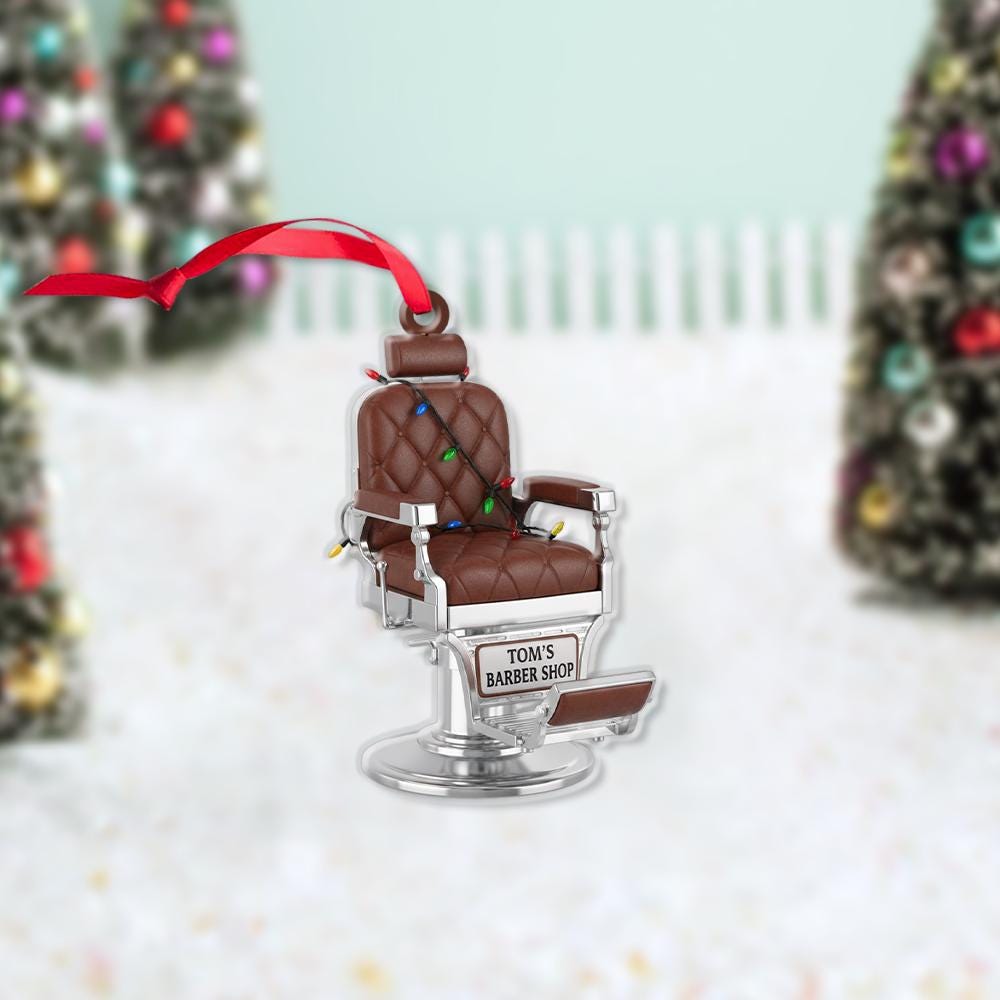 Personalized Barber Chair Ornament – Custom Name Christmas Decoration with Holiday Lights