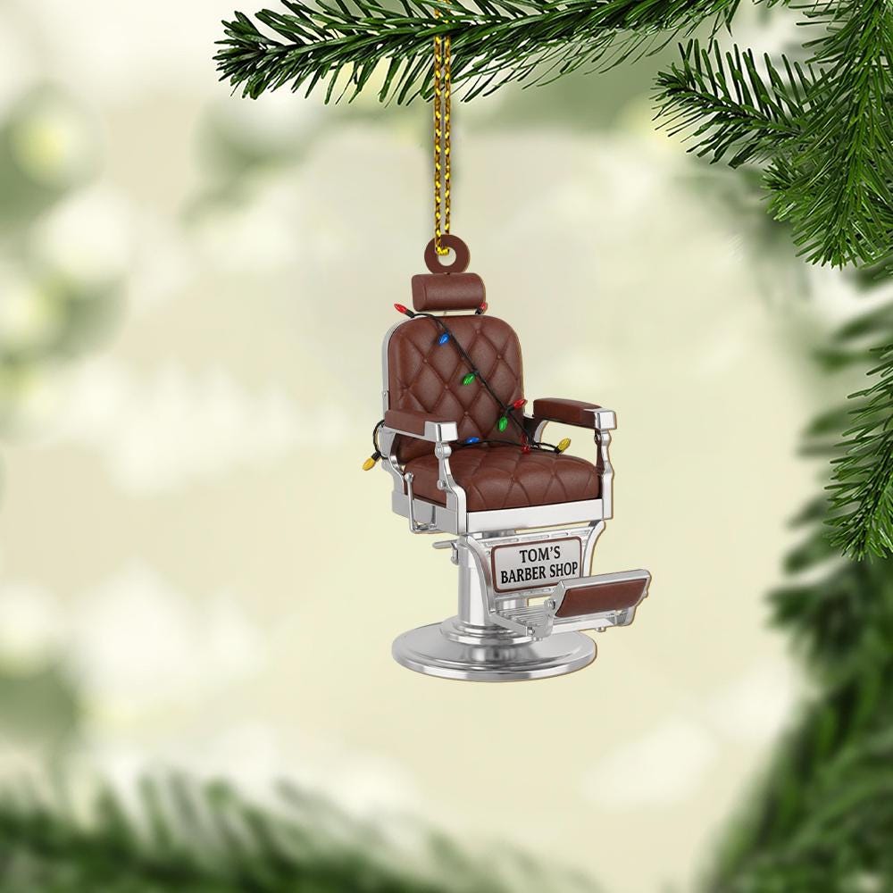 Personalized Barber Chair Ornament – Custom Name Christmas Decoration with Holiday Lights