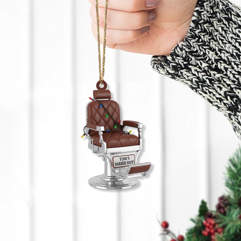 Personalized Barber Chair Ornament – Custom Name Christmas Decoration with Holiday Lights