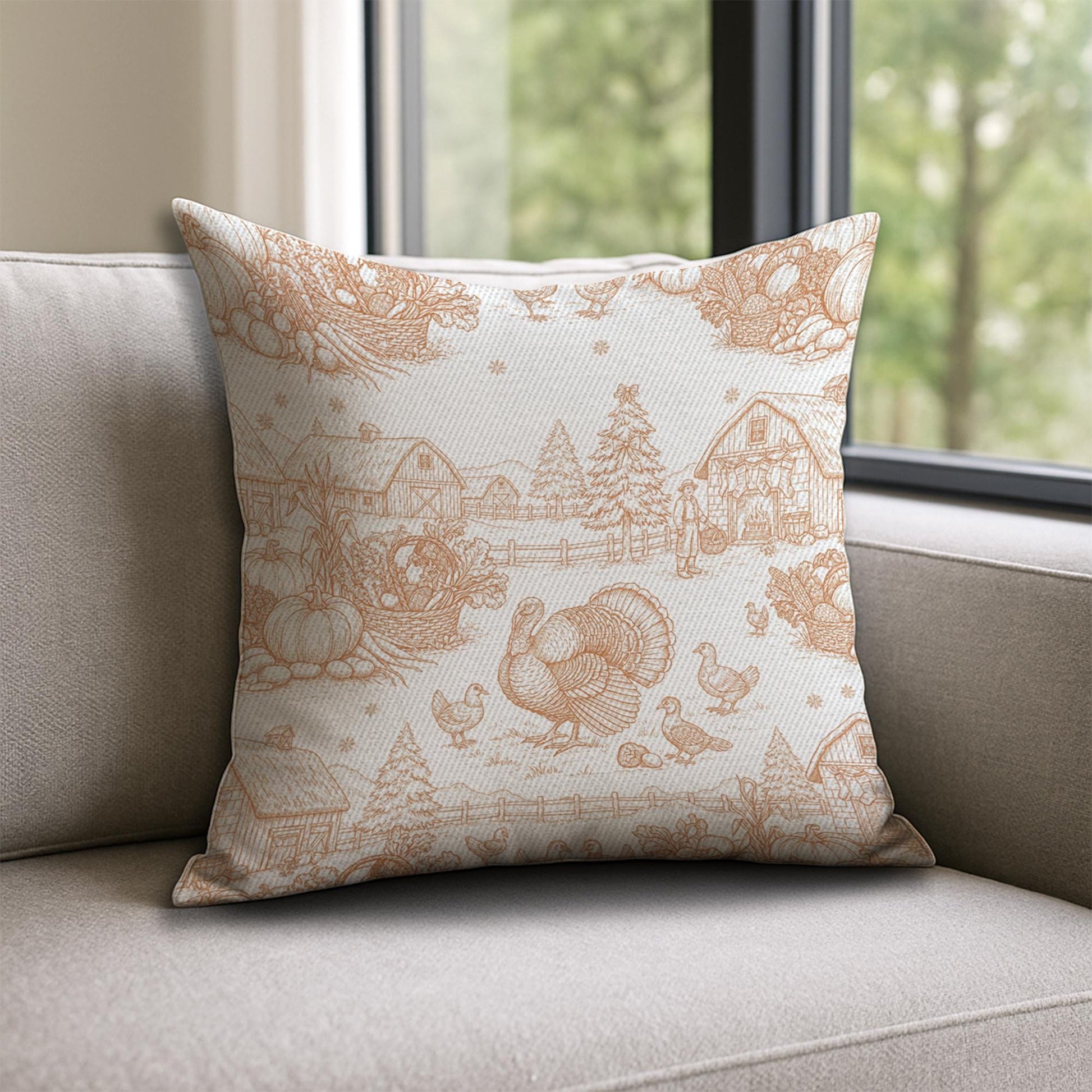 Farmhouse Thanksgiving Pillow: Rustic Turkey and Barn Harvest Scene