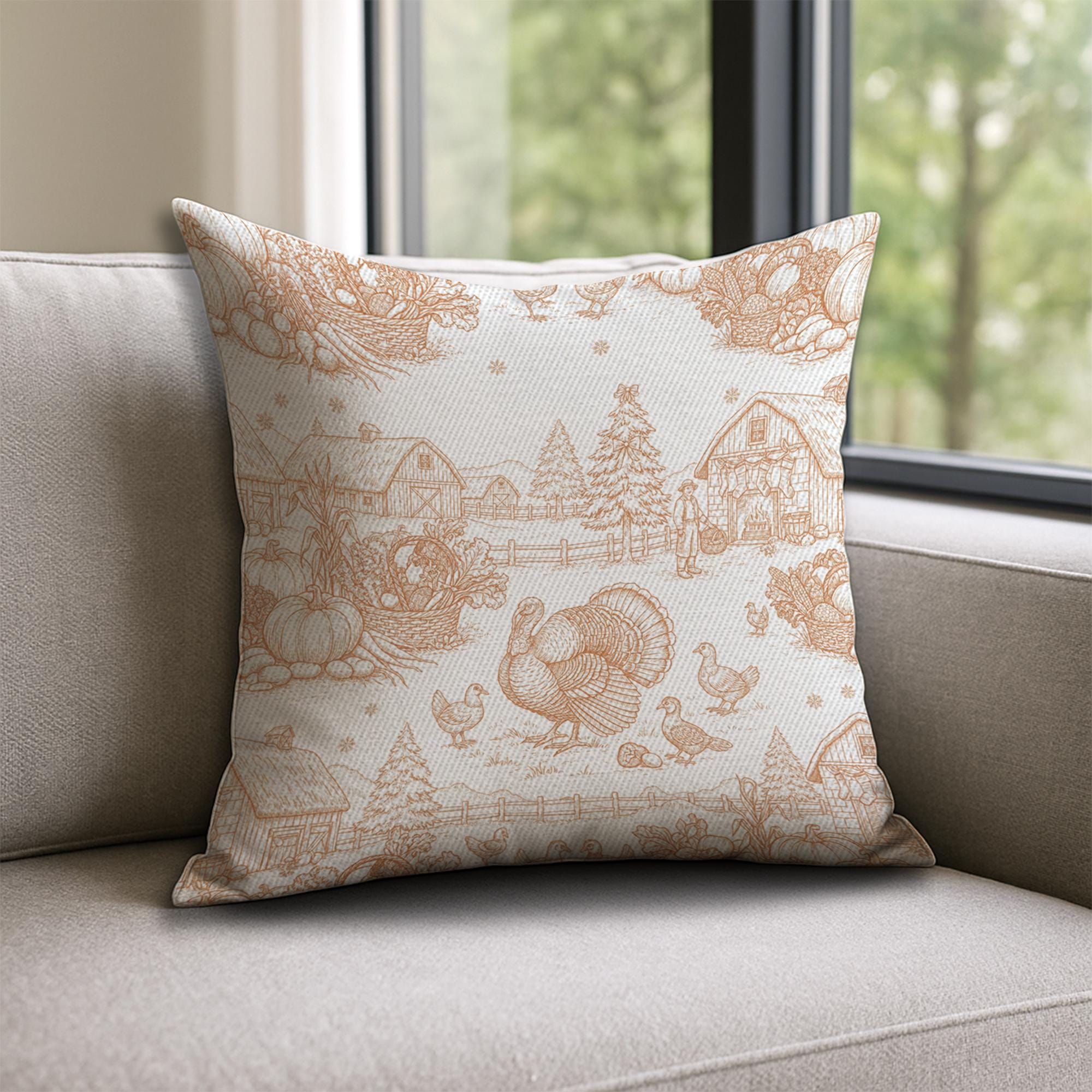 Farmhouse Thanksgiving Pillow: Rustic Turkey and Barn Harvest Scene