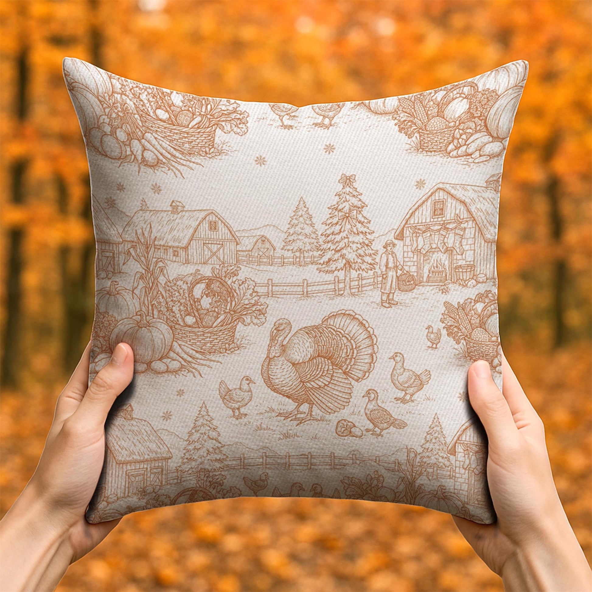 Farmhouse Thanksgiving Pillow: Rustic Turkey and Barn Harvest Scene