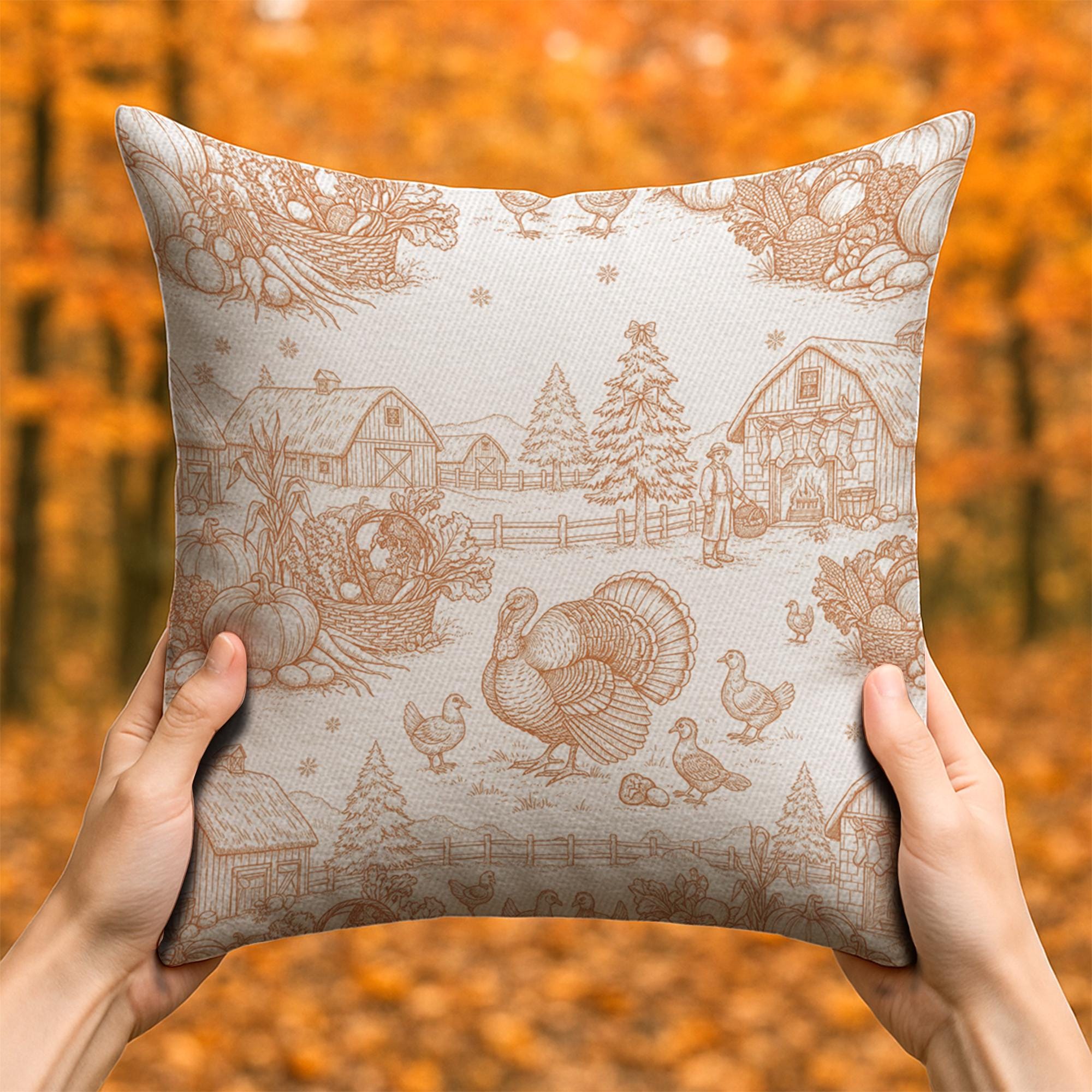Farmhouse Thanksgiving Pillow: Rustic Turkey and Barn Harvest Scene