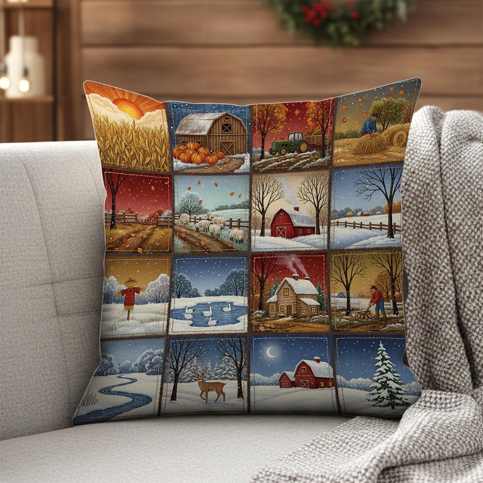 Farmhouse Seasons Pillow: Rustic Barn and Country Landscape Accent