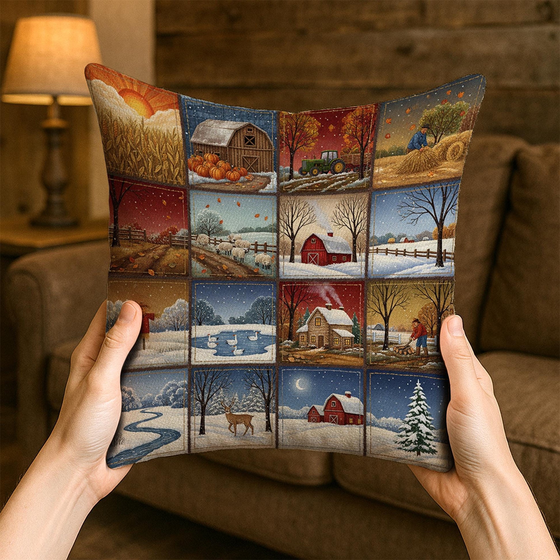 Farmhouse Seasons Pillow: Rustic Barn and Country Landscape Accent