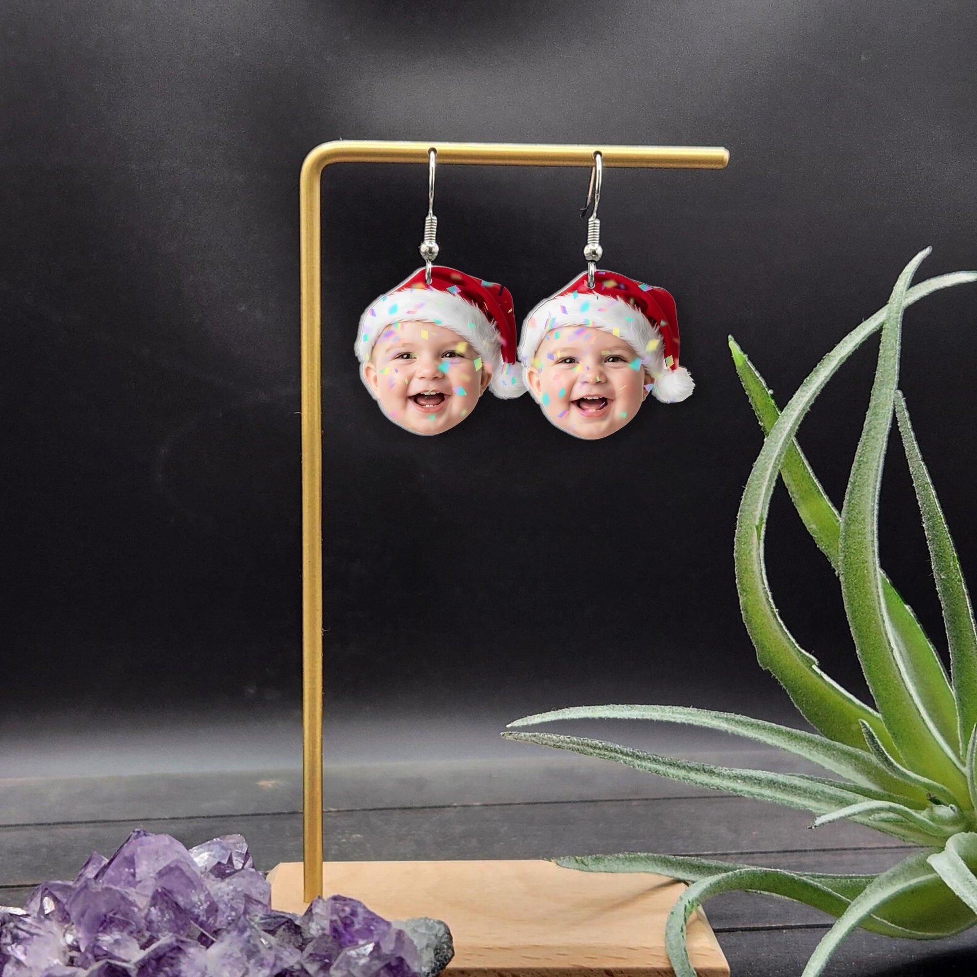 Custom Photo Earrings: Personalized Christmas Face Jewelry with Santa Hat