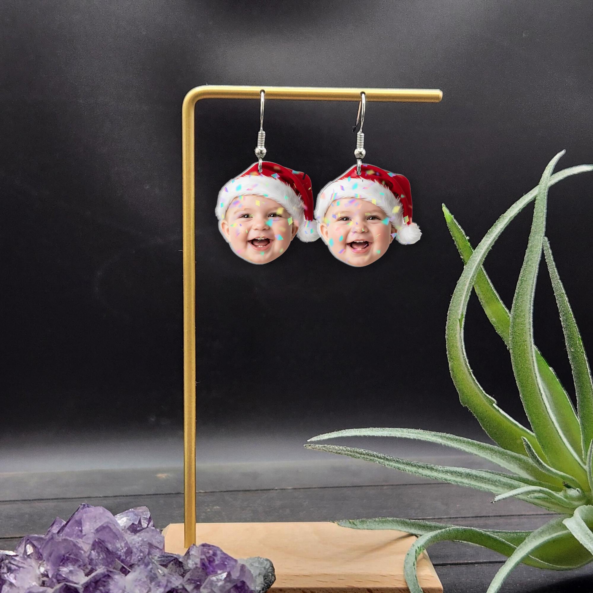 Custom Photo Earrings: Personalized Christmas Face Jewelry with Santa Hat