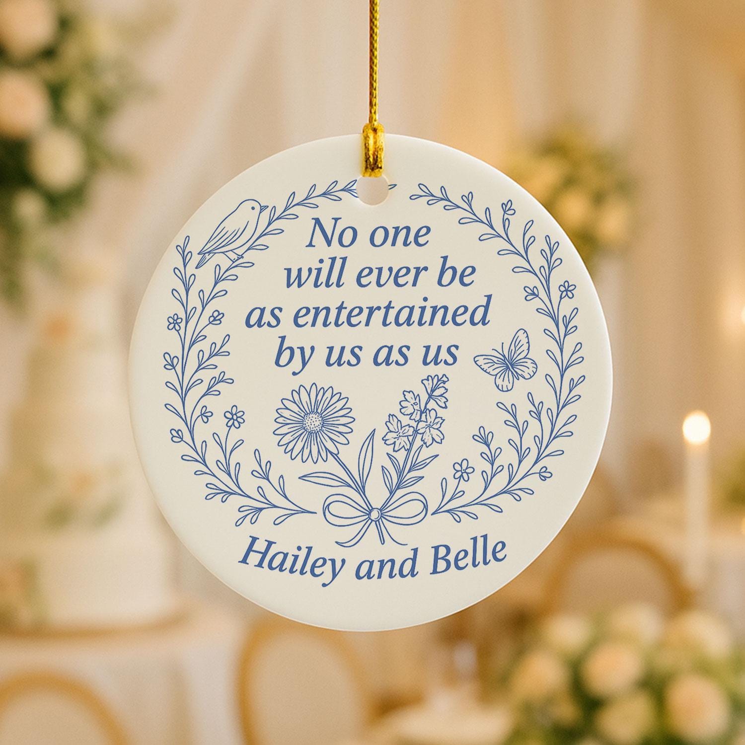 Best Friend Ceramic Ornament • Personalized Names • Floral Line Art • Round Blue Print