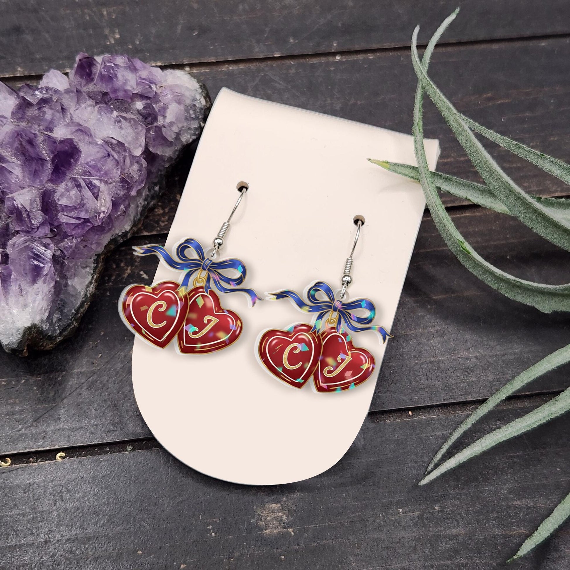 Custom Initial Earrings: Heart Dangle Jewelry with Bow Charm