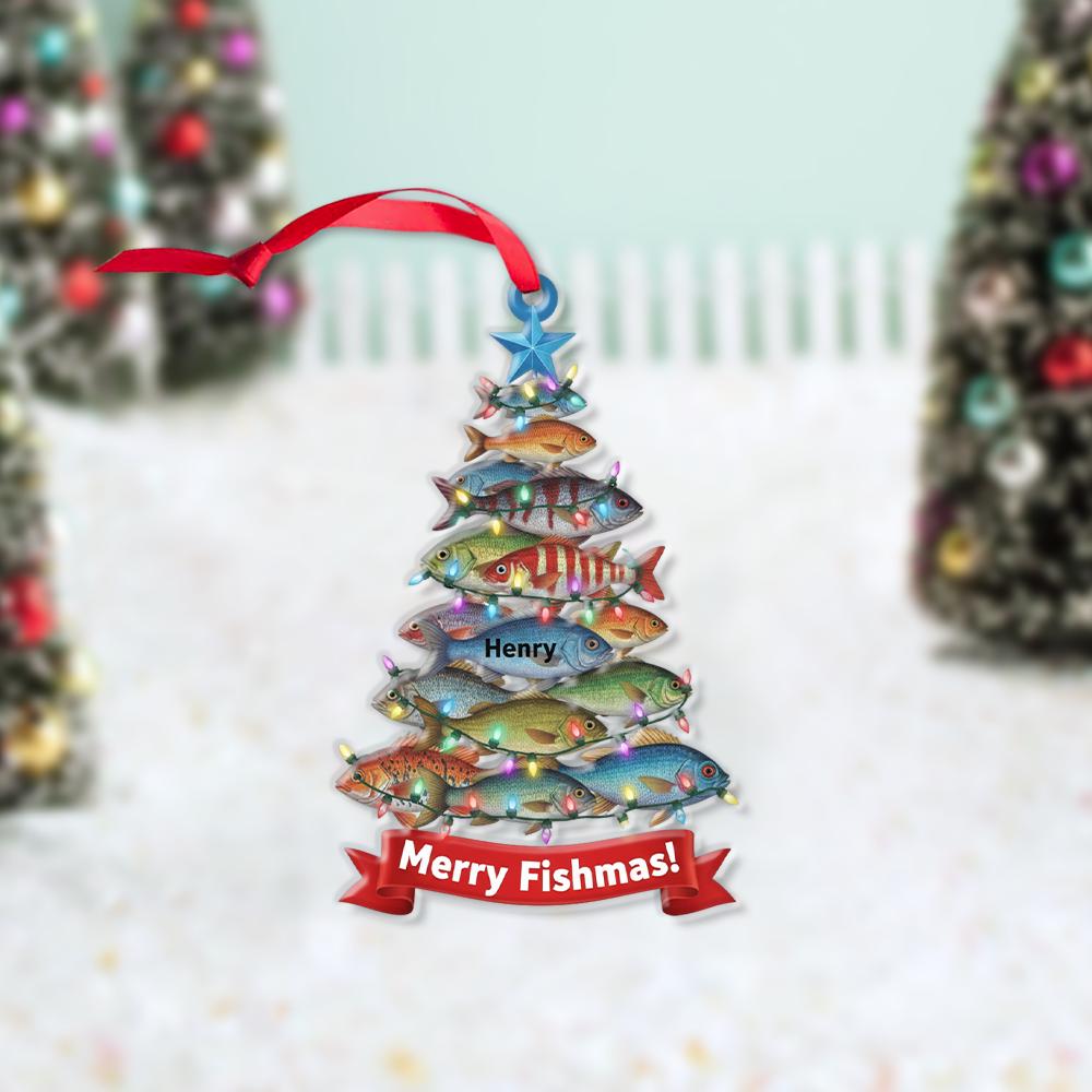 Personalized Fish Christmas Tree Ornament – Custom Name Holiday Decoration with Lights and Fish Design