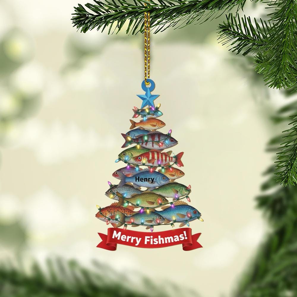 Personalized Fish Christmas Tree Ornament – Custom Name Holiday Decoration with Lights and Fish Design