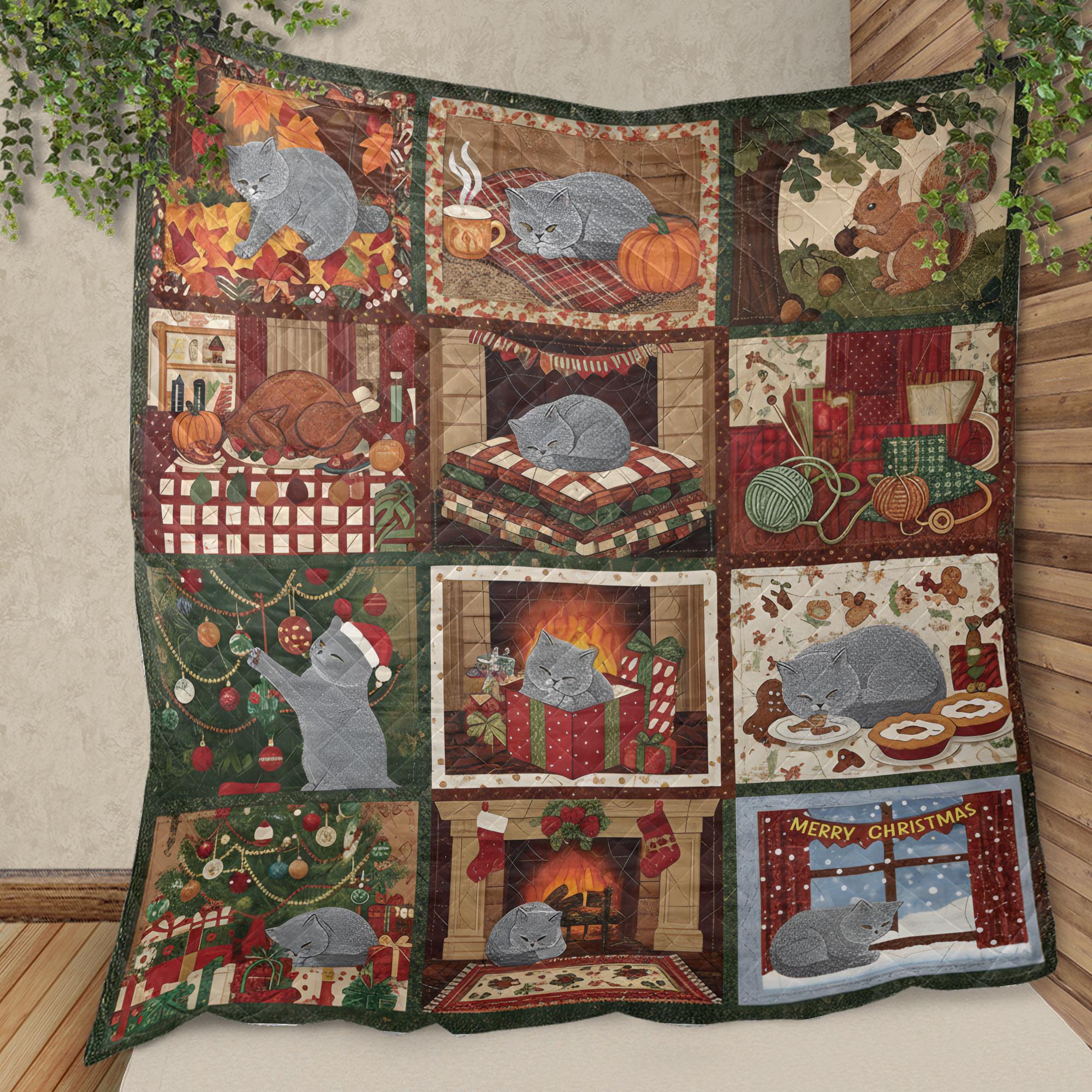 Cat Quilt Blanket: Christmas Winter Patchwork Throw with Cozy Design