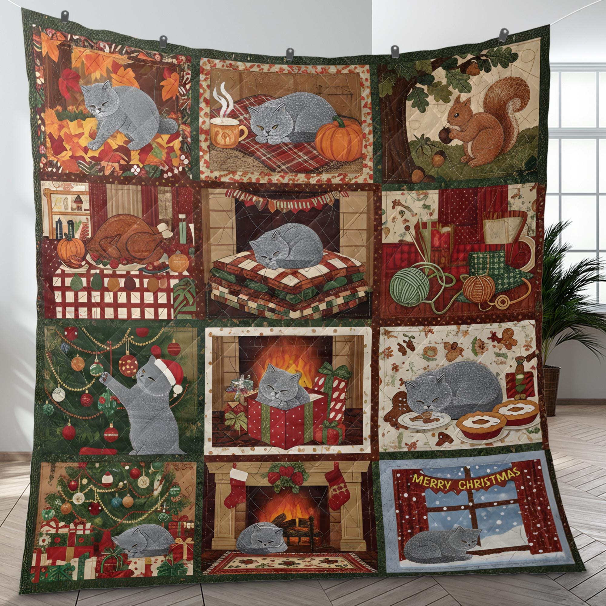 Cat Quilt Blanket: Christmas Winter Patchwork Throw with Cozy Design