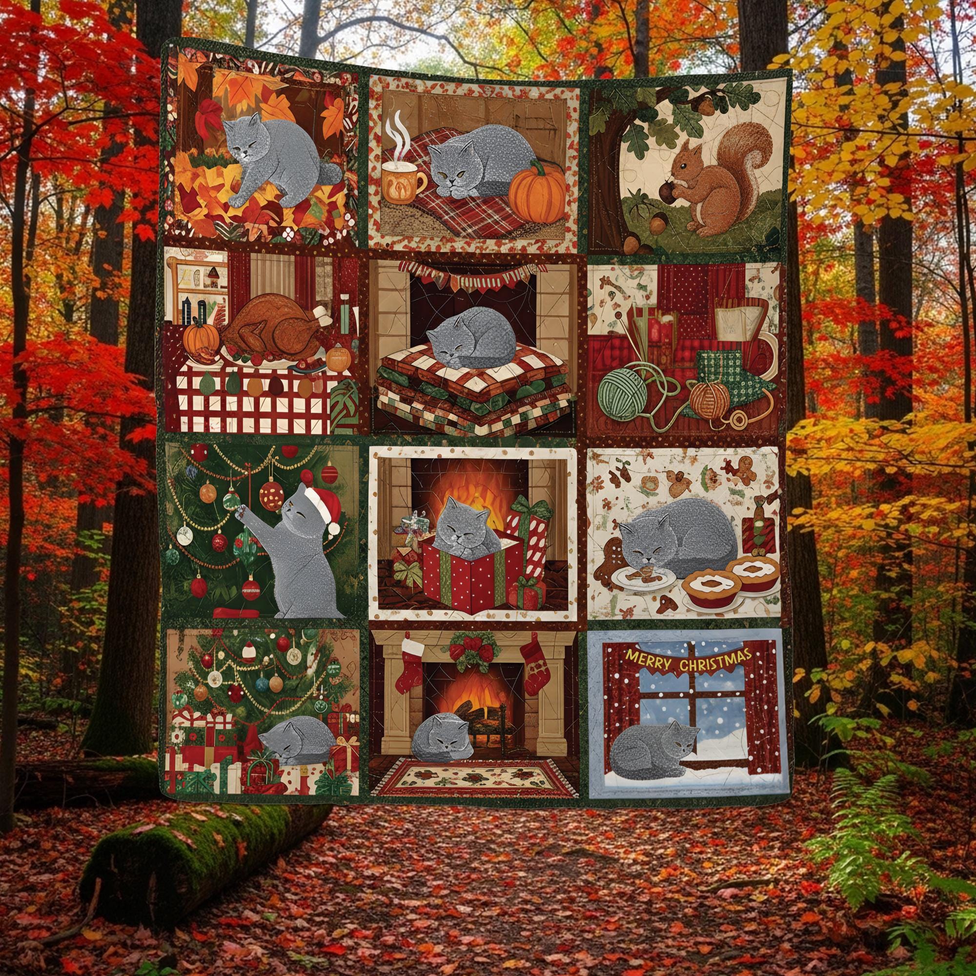 Cat Quilt Blanket: Christmas Winter Patchwork Throw with Cozy Design