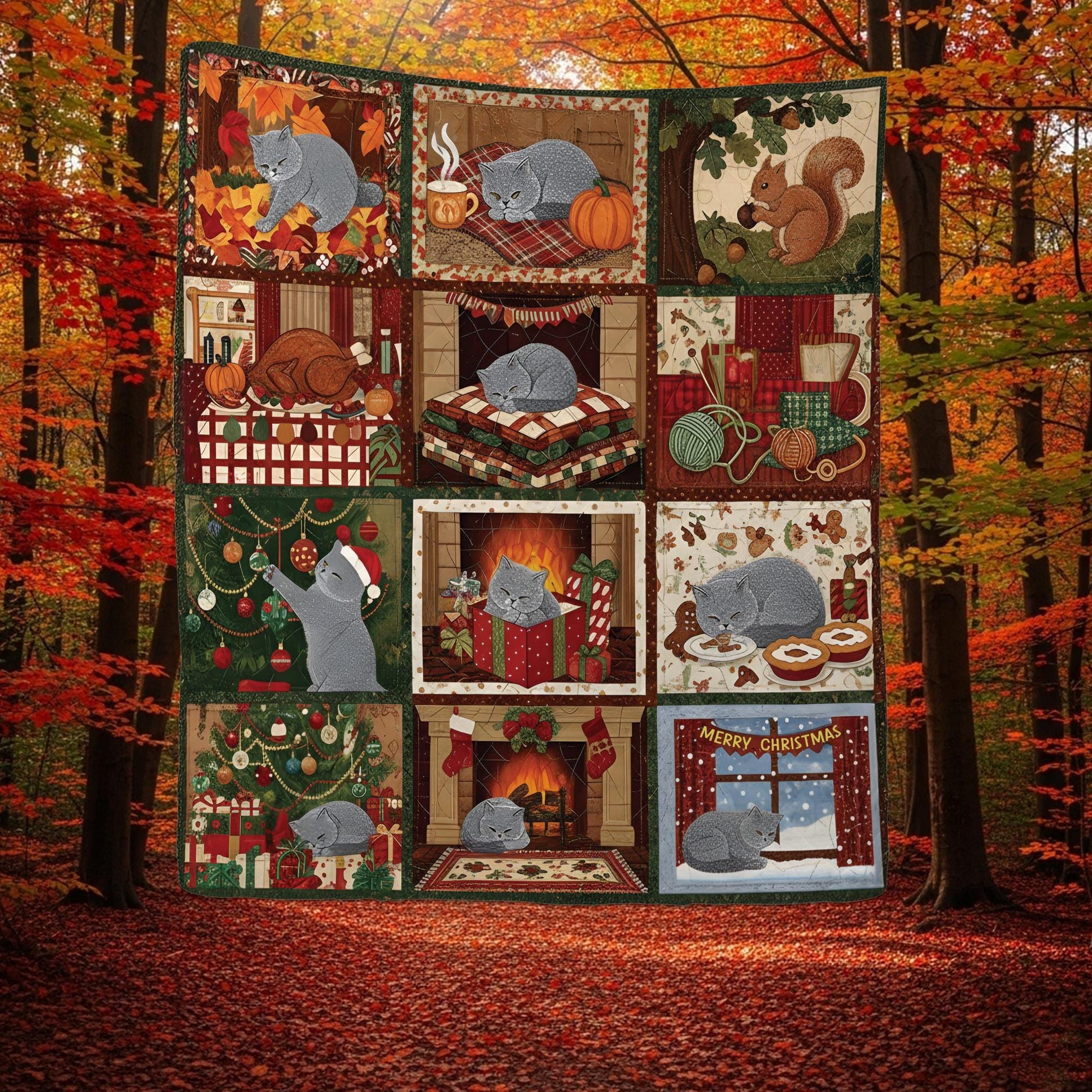 Cat Quilt Blanket: Christmas Winter Patchwork Throw with Cozy Design