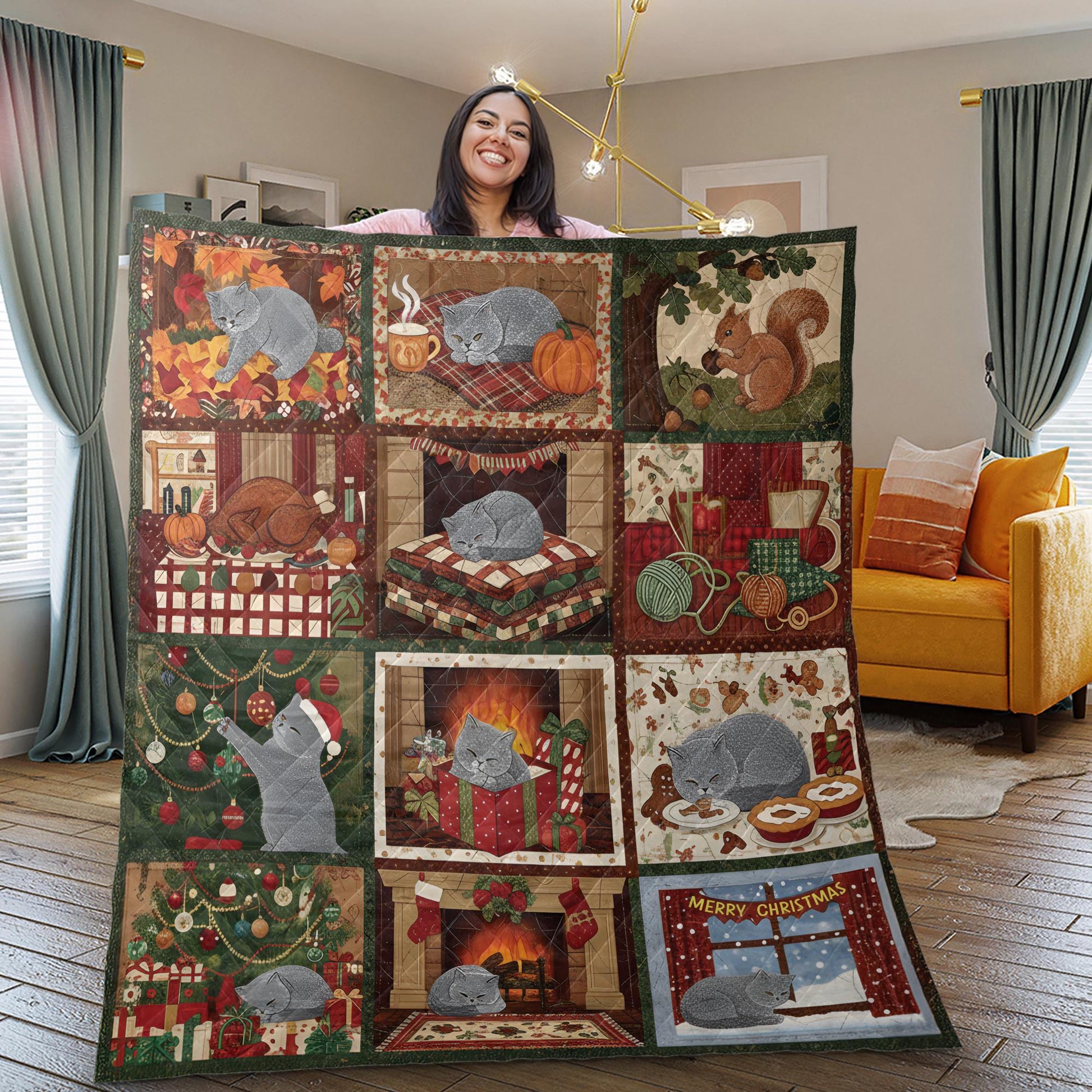 Cat Quilt Blanket: Christmas Winter Patchwork Throw with Cozy Design