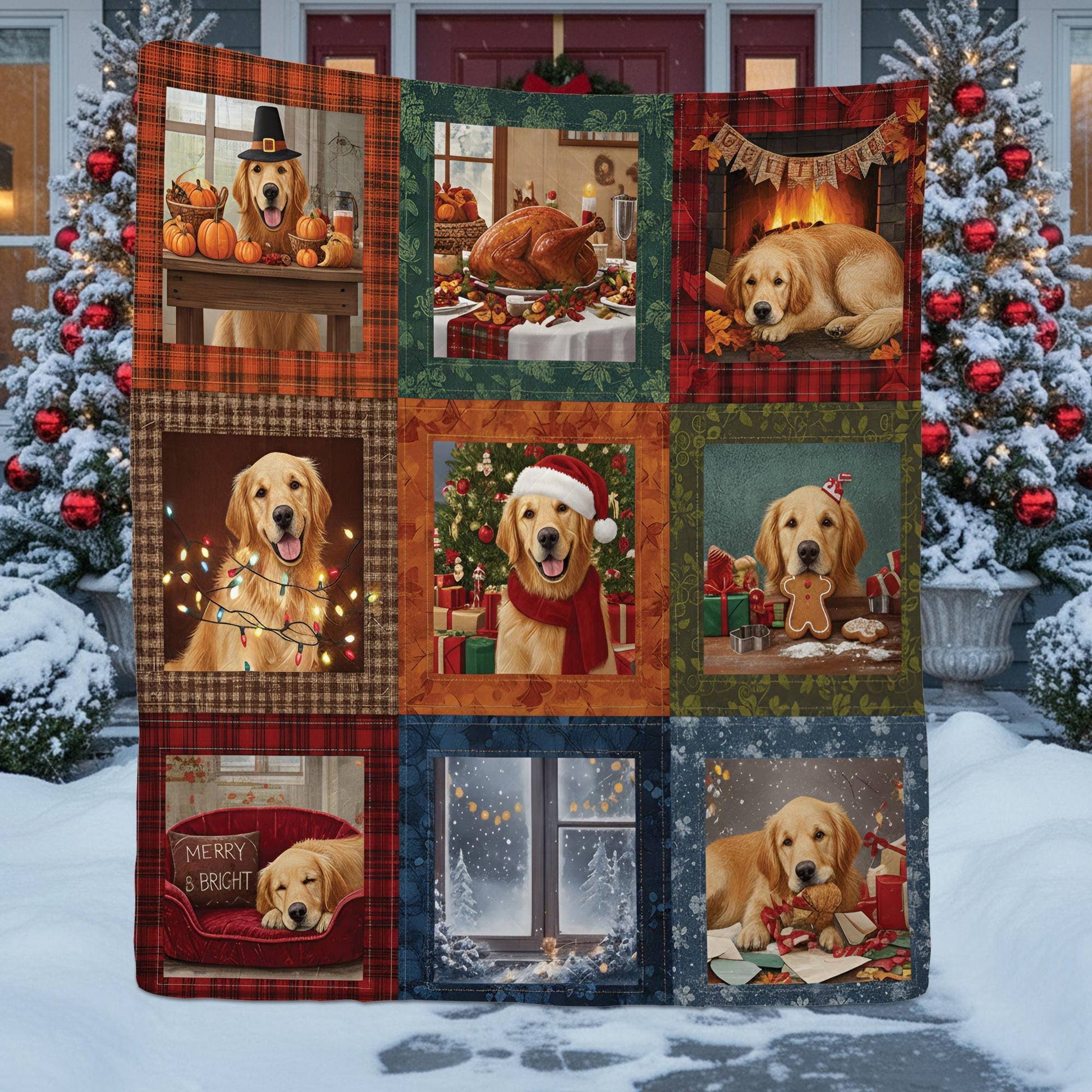 Dog Quilt Blanket: Christmas Holiday Patchwork Throw with Golden Retriever Design
