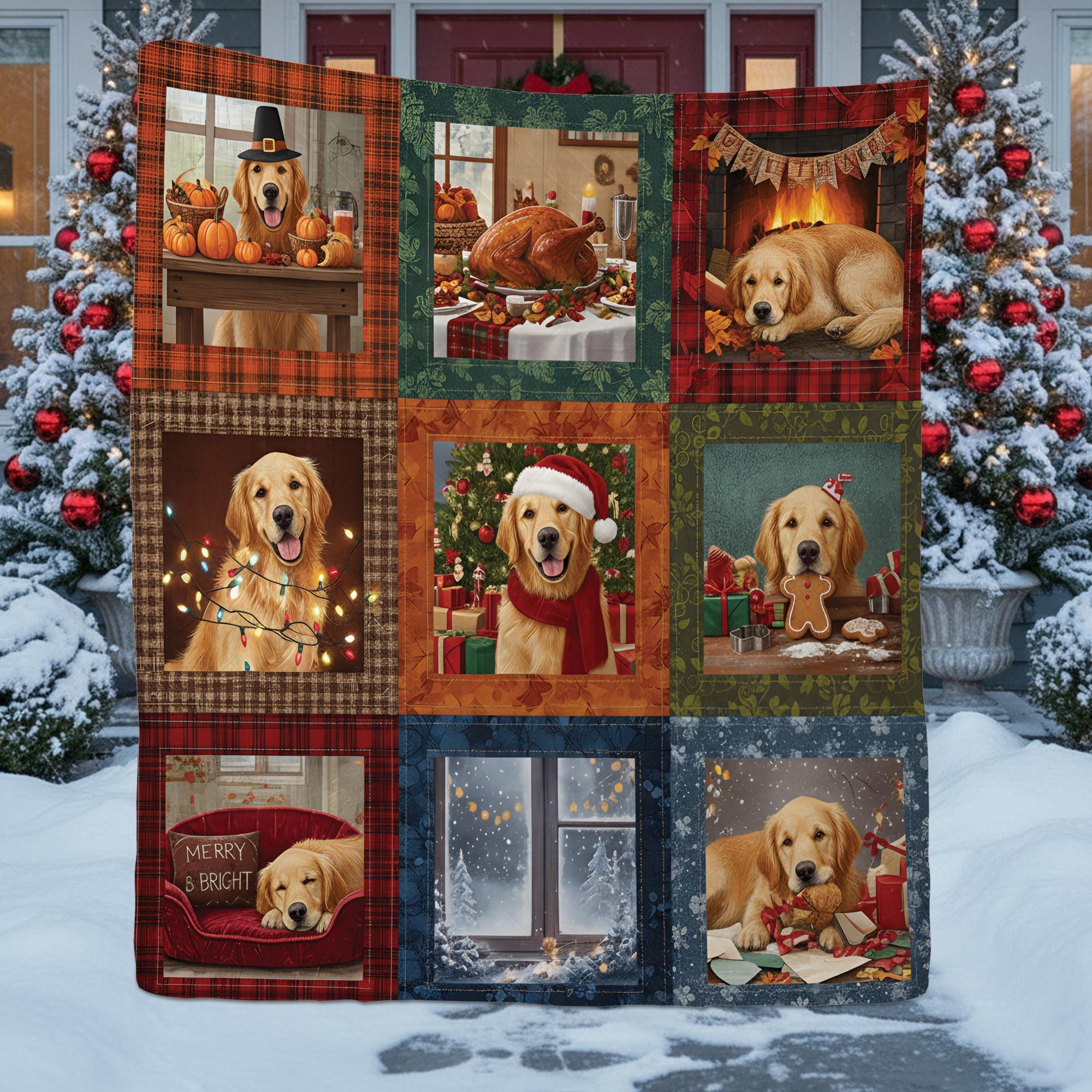 Dog Quilt Blanket: Christmas Holiday Patchwork Throw with Golden Retriever Design