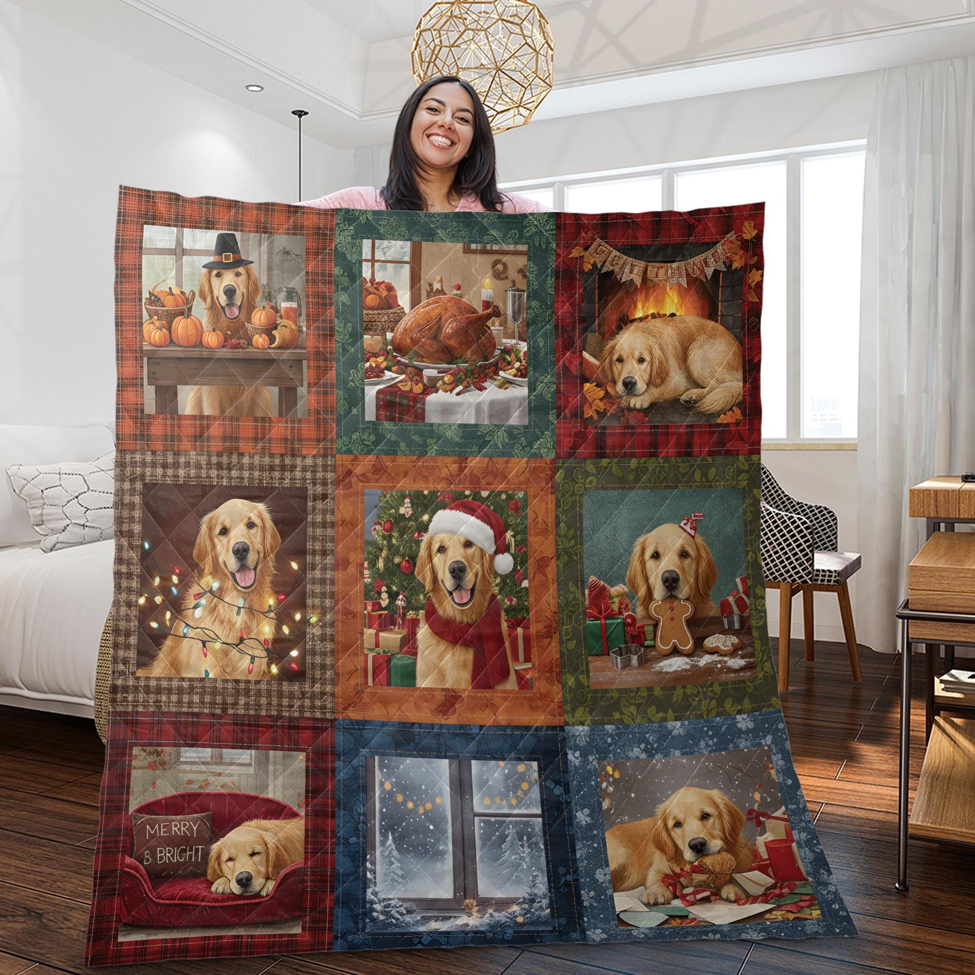 Dog Quilt Blanket: Christmas Holiday Patchwork Throw with Golden Retriever Design