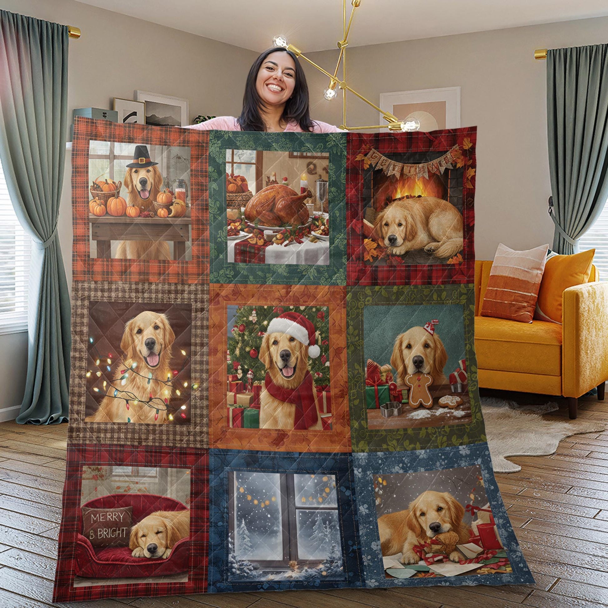 Dog Quilt Blanket: Christmas Holiday Patchwork Throw with Golden Retriever Design